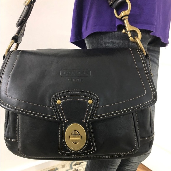 Coach Black Leather Fold-over Flap Turn-lock Hobo Shoulder Purse Bag - Picture 5 of 13